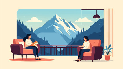 Naklejka premium Two women and a dog relax indoors with a stunning mountain vista outside