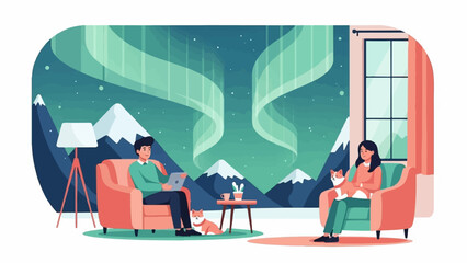 Obraz na płótnie Canvas Couple enjoying aurora borealis from inside their cozy home with pets