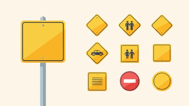 Collection of yellow and red traffic signs and blank signs on a light background