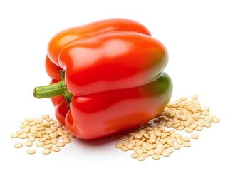 bright red bell pepper with seeds for garden catalogs, agricultural websites, seed packaging design, culinary blogs, health education, grocery store posters and recipes, with copy space
