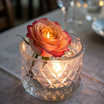 Burning rose in a crystal vase symbolizing fragile beauty passion transformation pain love mystery time eternity light shadow emotion art