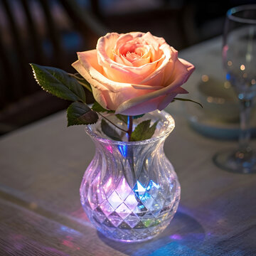 Burning rose in a crystal vase symbolizing fragile beauty passion transformation pain love mystery time eternity light shadow emotion art