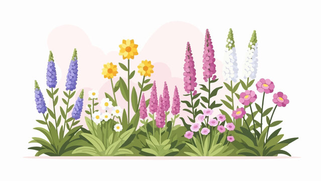 Colorful cartoon illustration of a diverse garden bed bursting with flowers