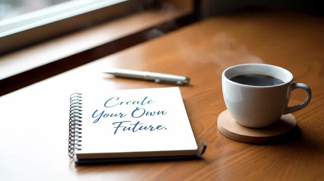 Personal Branding and Creativity with Inspirational Quote - This video features an inspirational quote, "Create Your Own Future," on a notepad next to a steaming cup of coffee and a pen.