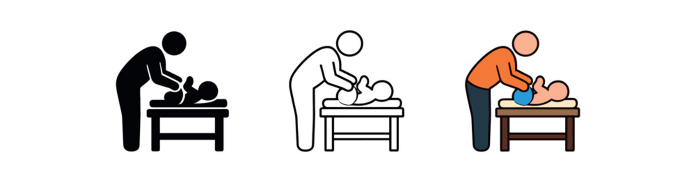 newborn diaper changing icon on light background. parent changing baby diaper on table. daily hygiene symbol. action clearly readable