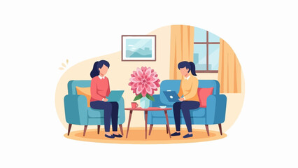 Two women working on laptops while sitting on sofas in a room