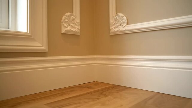 Interior Design with Trim and Wood Flooring - This video shows interior design elements, focusing on white trim and decorative molding against a warm-toned wall.