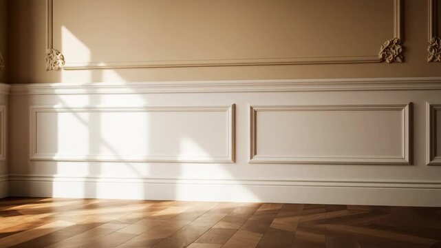 Elegant Interior Wall with Wainscoting Detail - A detailed view of an interior wall featuring decorative wainscoting with a warm beige color palette.