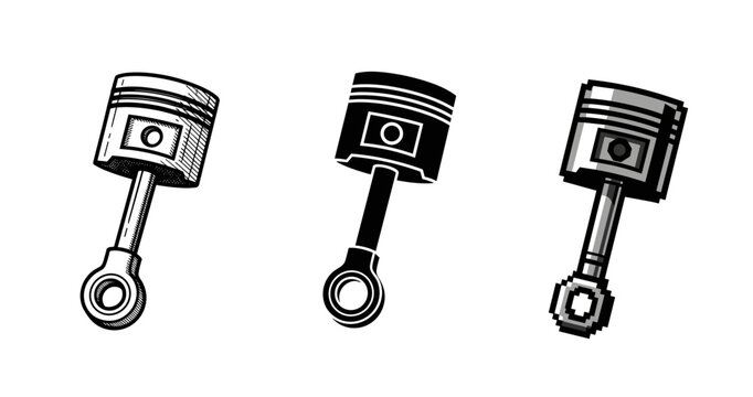 Three stylized piston designs in black and white illustration