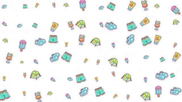 Summer icons pattern featuring shorts and popsicles, perfect for stationery, fabric designs, and social media graphics. Suitable for summertimethemed projects.