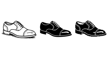 Evolution of men's dress shoes: sketch, vector, pixel art styles