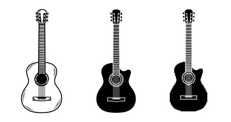 Fototapeta premium Three acoustic guitars: outline, solid black, pixelated designs on white background