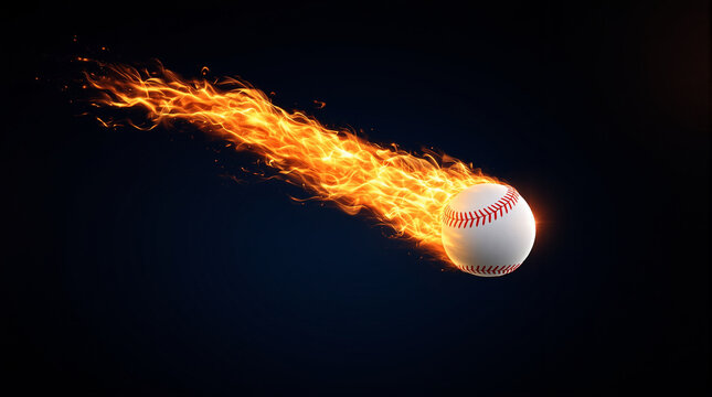 Flying baseball ball with a long trail of burning fire flames on a dark black background demonstrating high speed and power of a fastball pitch in a competitive sports game concept