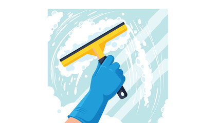 Gloved hand skillfully wielding a yellow squeegee, meticulously cleaning a window covered in soap suds and streaks, depicting professional window cleaning.