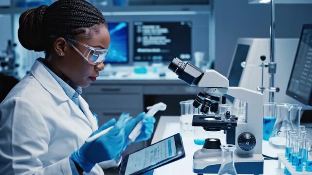 Female scientist using microscope in laboratory