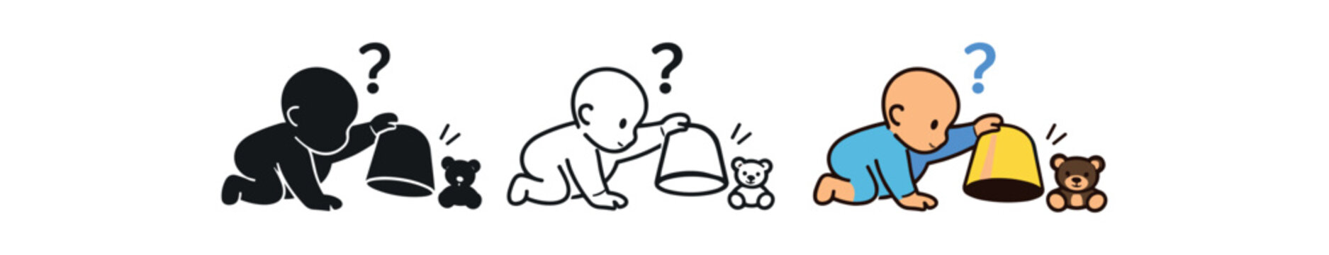 baby object permanence icon on light background. infant searching for hidden toy. cognitive development milestone symbol. action clearly readable