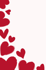 Vertical romantic background with large and small red brush hearts along the left edge. Hand painted grunge style. Ideal template for love notes, minimalist posters, and modern invitations.