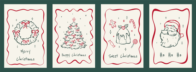Set 4 vertical greeting cards for Christmas and New Year holidays. Festive elements in ink sketch style. Universal templates for poster, cover, invitation, label and other winter themed designs.