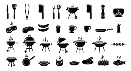 Comprehensive collection of black silhouette icons, featuring BBQ utensils (spatula, tongs, chef's knife), grills (charcoal, gas, smoker), food (steak, ribs, fish), and smoke plumes, neatly arranged