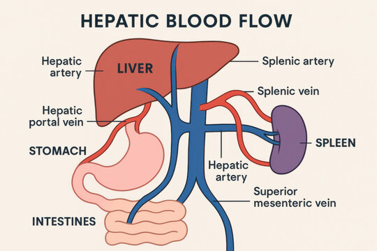 Hepatic blood flow liver anatomy medical illustration human liver hepatic artery hepatic portal vein splenic artery splenic vein stomach anatomy intestine anatomy. Educational diagram of hepatic