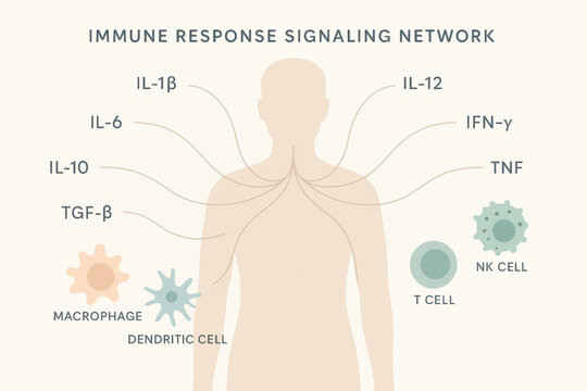 Immune response signaling network human torso silhouette IL 1B IL 6 IL 10 IL 12 immune cell diagram