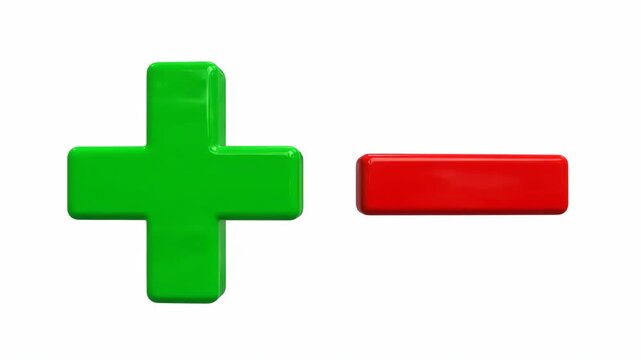 Glossy Green Plus and Red Minus Icons - A minimalistic design featuring a glossy green plus symbol and a red minus symbol, isolated against a clean white background.