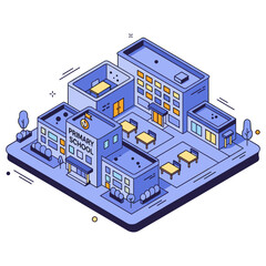 Obraz premium Isometric illustration of a modern primary school building with outdoor area. No editable stroke