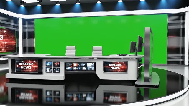 A modern news studio with a green screen and Breaking News video
