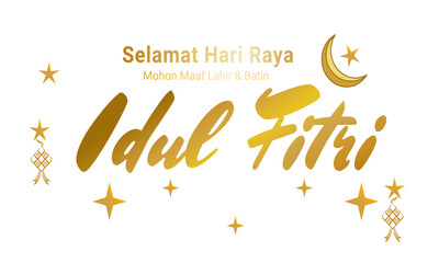 Fototapeta premium Golden Idul Fitri greeting with brush script, crescent moon, stars, and ketupat.