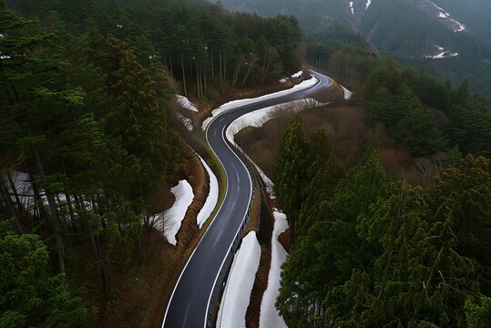 A road curves through a forest covered in snow, with mountains in the background. The scene shows a mix of green trees and white snow under cloudy skies.