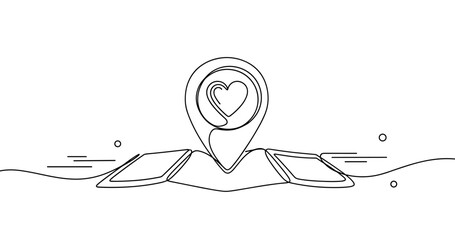 Heart location pin on open book line art. No editable strokes