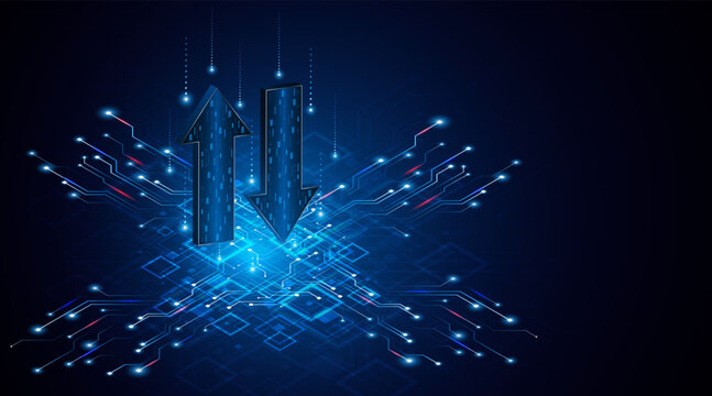 Up and down arrows on dark blue background. Concept of data transmission or digital exchange. Business growth or investment concept. Blue arrow technology background.