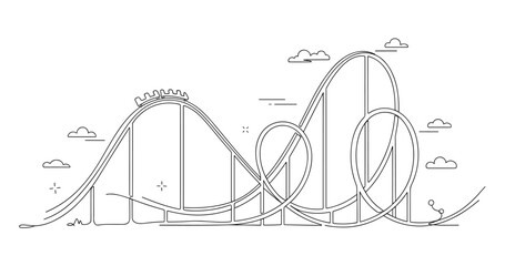 Minimalist black and white roller coaster line art with clouds. No editable strokes