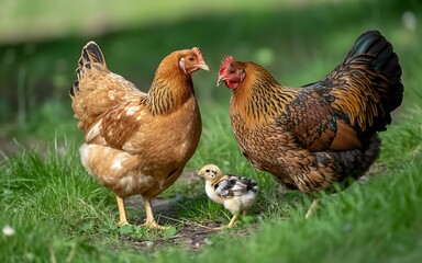Fototapeta premium Two hens and a chick standing together in a lush green field