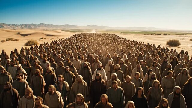 Exodus Journey through the Desert - A large group of individuals, clad in historical clothing, walks through a vast desert landscape under a clear blue sky.