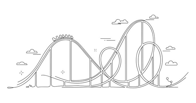 Minimalist black and white roller coaster line art with clouds. No editable strokes
