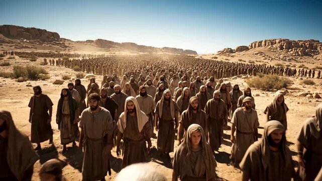 Exodus Journey Through the Desert - A large group of individuals in traditional robes is seen traveling through a vast, arid desert landscape under a clear blue sky.