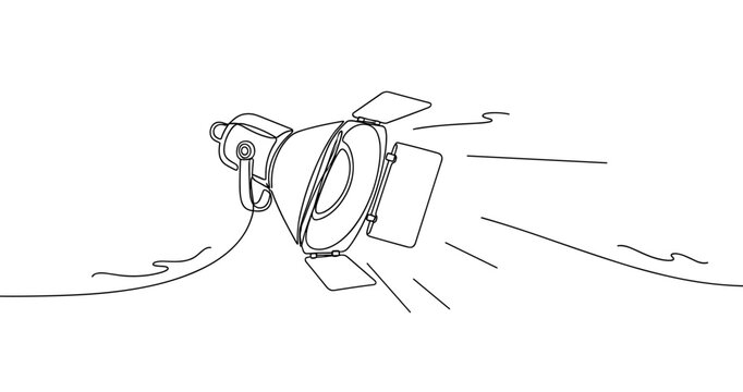 Black and white line drawing of theater spotlight with light rays and shadows. No editable strokes