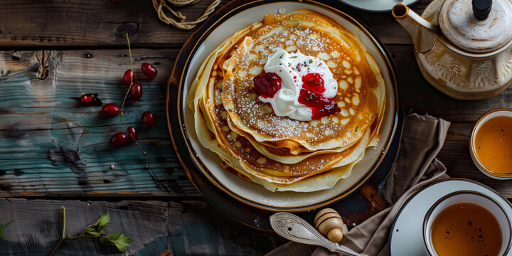 Traditional Russian blini served with sour cream and jam on a rustic wooden table. A cozy homemade breakfast or festive dish for Maslenitsa, with natural textures and warm atmosphere