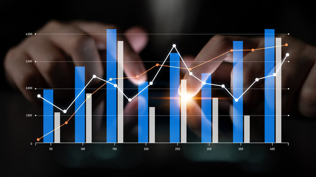 A detailed visualization of financial trends with colorful bar and line graphs, highlighting hands interacting with data on a digital screen in a dark office environment. Scalp - Powered by Adobe