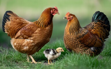Fototapeta premium Three chickens and a chick standing together on green grass