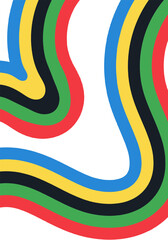 Obraz premium Vertical wallpaper with abstract curved lines in blue, yellow, black, green, red isolated on transparent background. Banner or backdrop with colorful stripes, sports design element, cover