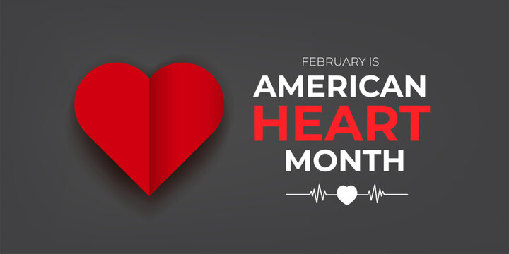 February is American Heart Month awareness banner with red heart symbol and pulse line on dark grey background, professional medical healthcare vector design. Heart month with paper heart