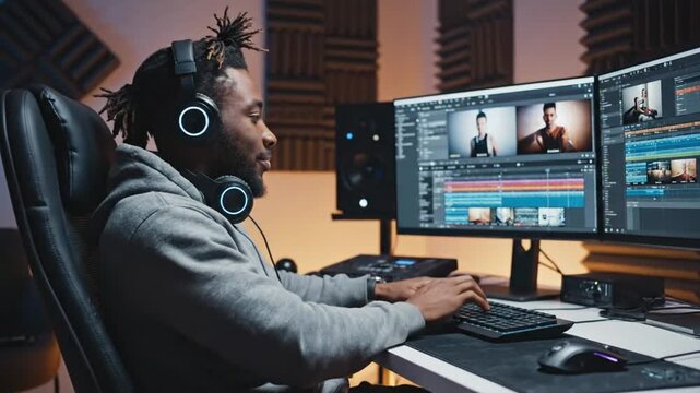 Focused musician in modern audio studio