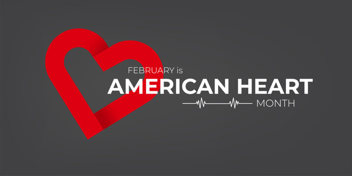 February is American Heart Month awareness banner with red heart symbol and pulse line on dark grey background, professional medical healthcare vector design. Heart month with paper heart