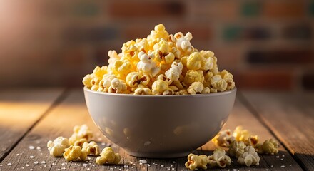 A bowl overflowing with freshly popped popcorn sits on a rustic wooden table