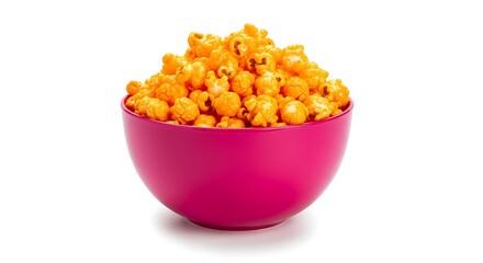 Bright pink bowl overflowing with cheesy popcorn on a clean white background
