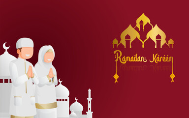 Ramadan Kareem greeting card with a Muslim couple in white and golden mosque silhouettes