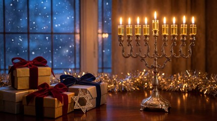 Golden menorah with eight lit oil candles and gift boxes wrapped with bows. Snowy window in the background creates a festive Hanukkah atmosphere.