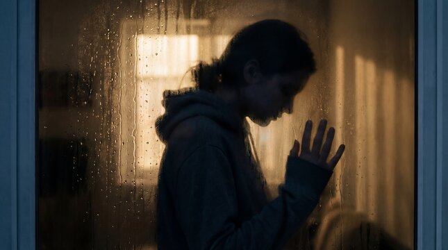 Young woman silhouette with head bowed, pressing hand against a rainy windowpane. Feeling of loneliness and deep contemplation during a somber evening.
